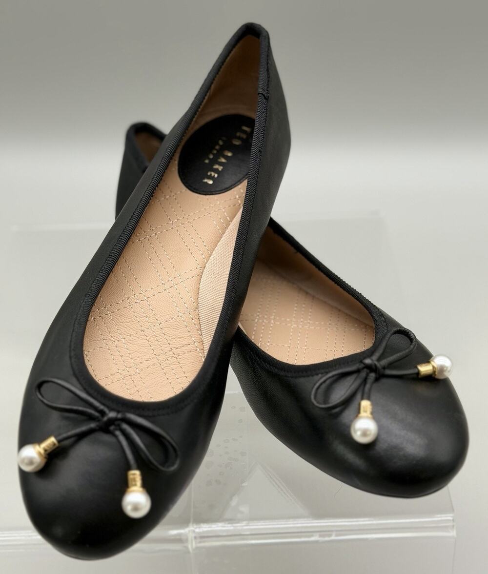 Ted Baker Ava Icon Black Leather Pearl Bow Ballet Flats Womens Size 6